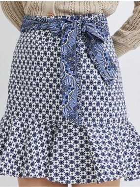 Veronica Beard Blue and White Printed Mini Skirt with Ruffle Hem